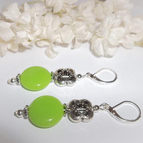 Green Earrings, Lime Green Earrings, Green Beaded Earrings, Dangle Earring, 7512 - Picture 4 of 6